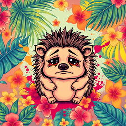 A sad hedgehog on a t-shirt design in a vibrant Latin style