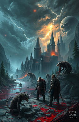 A vivid and intense fantasy world filled with brutal and gory elements, featuring twisted landscapes, dark forests, and eerie castles