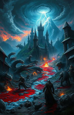 A vivid and intense fantasy world filled with brutal and gory elements, featuring twisted landscapes, dark forests, and eerie castles
