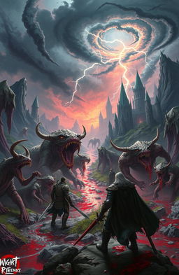 A vivid and intense fantasy world filled with brutal and gory elements, featuring twisted landscapes, dark forests, and eerie castles