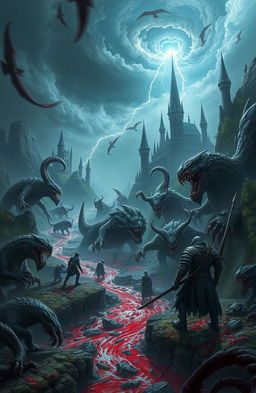 A vivid and intense fantasy world filled with brutal and gory elements, featuring twisted landscapes, dark forests, and eerie castles