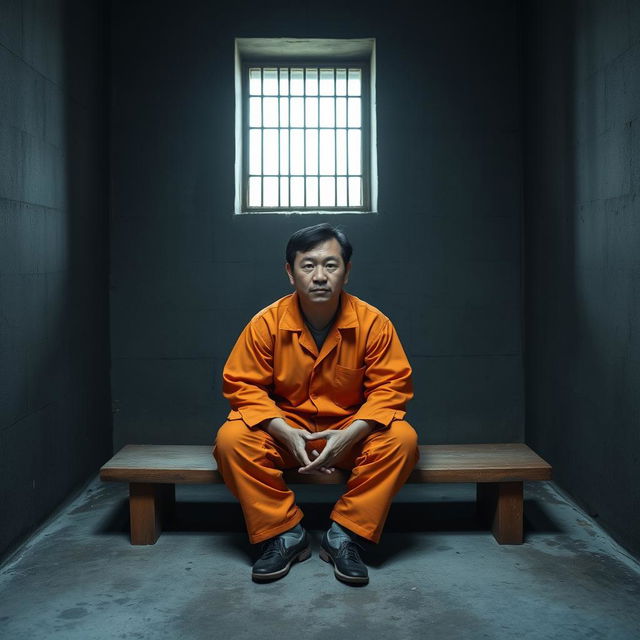 A Chinese prisoner sitting on a cold, hard bench inside a sparse prison cell, clad in an orange jumpsuit