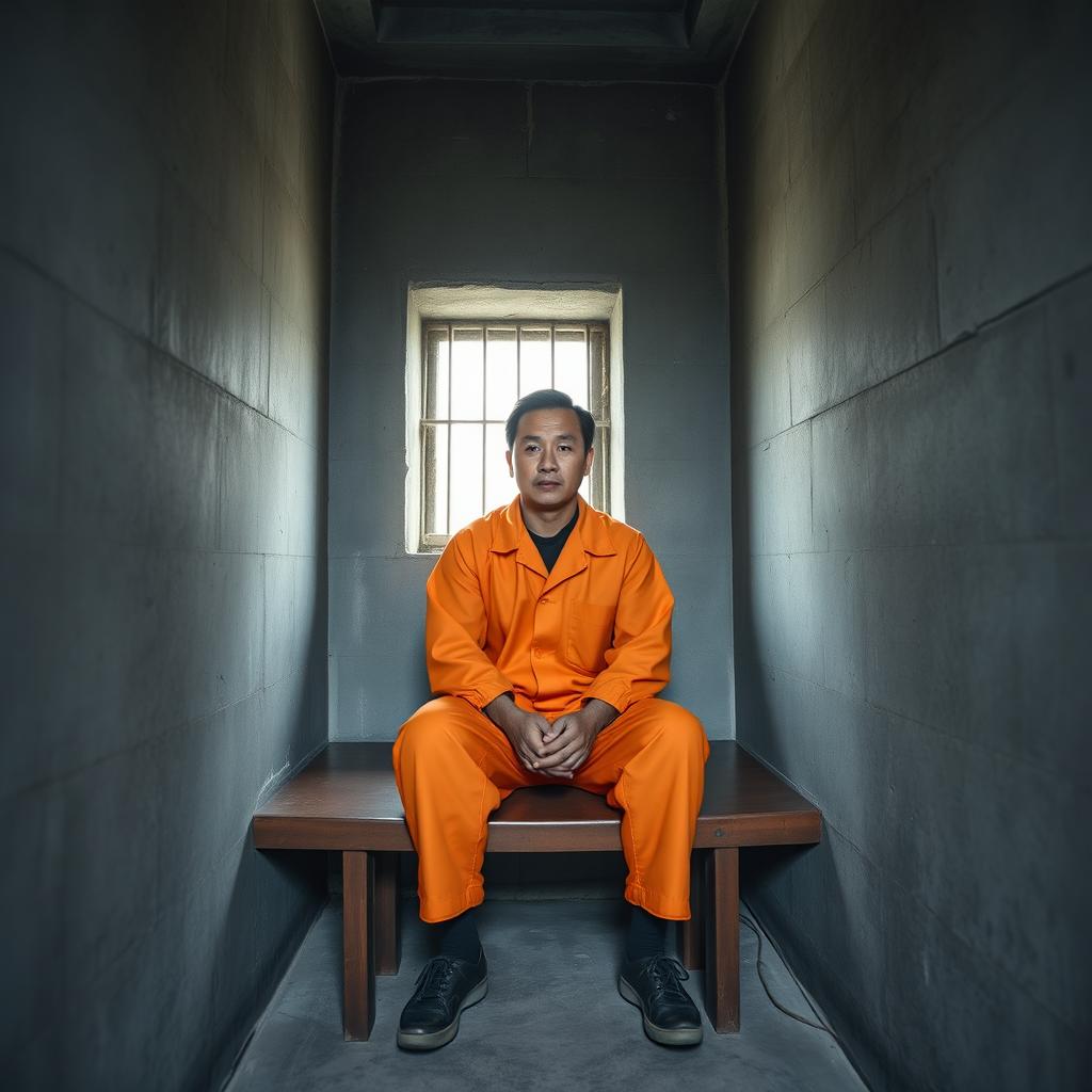 A Chinese prisoner sitting on a cold, hard bench inside a sparse prison cell, clad in an orange jumpsuit