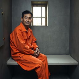 A Chinese prisoner sitting on a cold, hard bench inside a sparse prison cell, clad in an orange jumpsuit