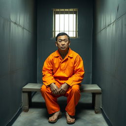 A Chinese prisoner sitting on a cold, hard bench inside a sparse prison cell, clad in an orange jumpsuit