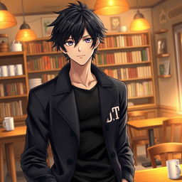 A tall male character with shaggy black hair and striking amethyst eyes stands confidently in a cozy coffee shop