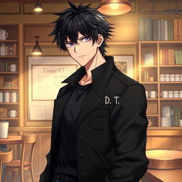 A tall male character with shaggy black hair and striking amethyst eyes stands confidently in a cozy coffee shop