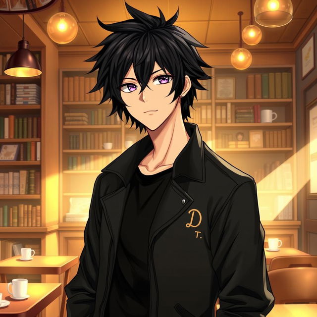 A tall male character with shaggy black hair and striking amethyst eyes stands confidently in a cozy coffee shop