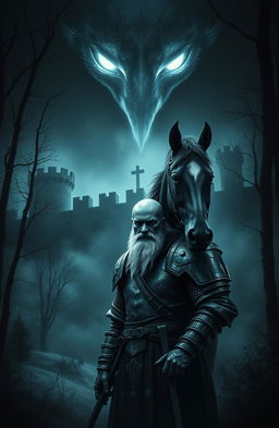 A hauntingly atmospheric book cover set in a dark, ancient forest shrouded in mist