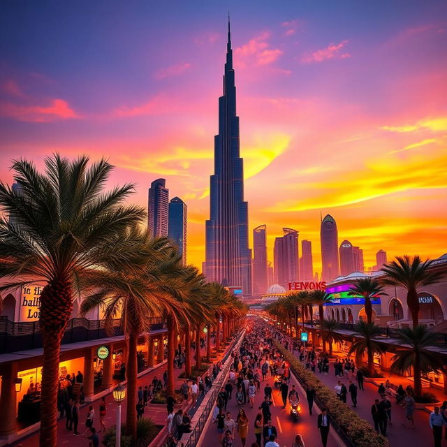A vibrant Dubai cityscape at sunset, showcasing the iconic Burj Khalifa and modern skyscrapers in the background