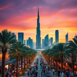 A vibrant Dubai cityscape at sunset, showcasing the iconic Burj Khalifa and modern skyscrapers in the background