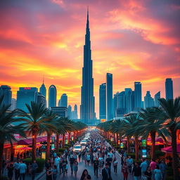 A vibrant Dubai cityscape at sunset, showcasing the iconic Burj Khalifa and modern skyscrapers in the background