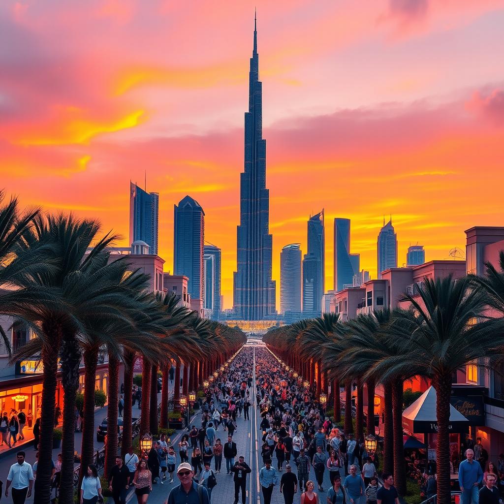 A vibrant Dubai cityscape at sunset, showcasing the iconic Burj Khalifa and modern skyscrapers in the background