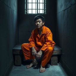 A Chinese prisoner in an orange jumpsuit, sitting on a rough wooden bench inside a small, dim prison cell