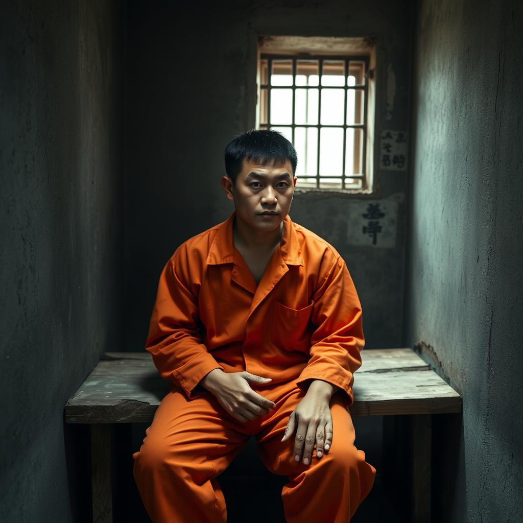 A Chinese prisoner in an orange jumpsuit, sitting on a rough wooden bench inside a small, dim prison cell