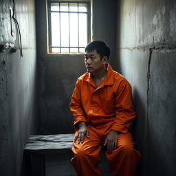 A Chinese prisoner in an orange jumpsuit, sitting on a rough wooden bench inside a small, dim prison cell