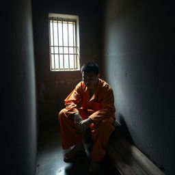 A Chinese prisoner in an orange jumpsuit, sitting on a rough wooden bench inside a small, dim prison cell