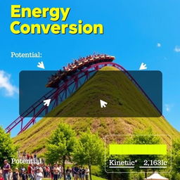 An educational scene illustrating energy conversion, specifically focusing on the transformation of potential energy to kinetic energy