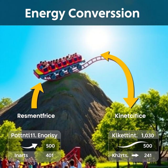 An educational scene illustrating energy conversion, specifically focusing on the transformation of potential energy to kinetic energy