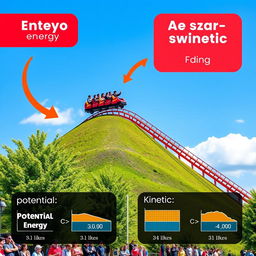 An educational scene illustrating energy conversion, specifically focusing on the transformation of potential energy to kinetic energy