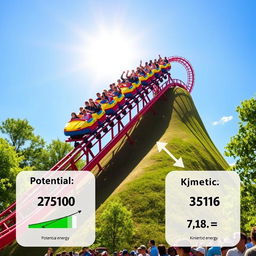An educational scene illustrating energy conversion, specifically focusing on the transformation of potential energy to kinetic energy