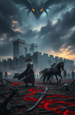 An epic dark fantasy book cover depicting a vast, desolate battlefield under a stormy twilight sky