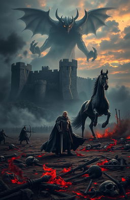 An epic dark fantasy book cover depicting a vast, desolate battlefield under a stormy twilight sky