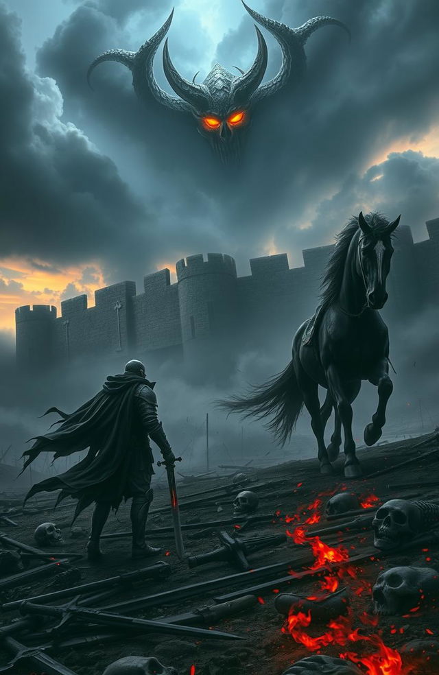 An epic dark fantasy book cover depicting a vast, desolate battlefield under a stormy twilight sky