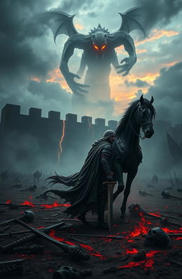 An epic dark fantasy book cover depicting a vast, desolate battlefield under a stormy twilight sky