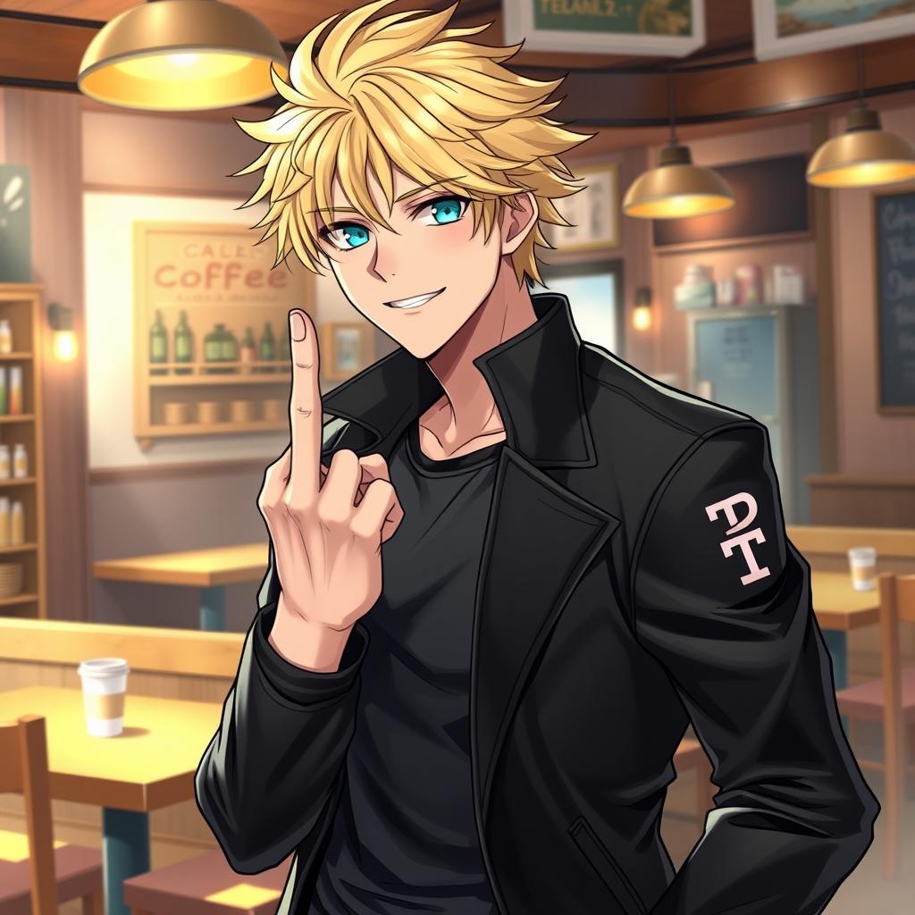 A tall male character with shaggy blonde hair and vibrant aqua blue eyes stands in a coffee shop, wearing a sleek black jacket with 'D