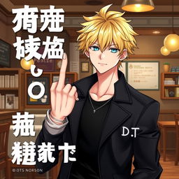 A tall male character with shaggy blonde hair and vibrant aqua blue eyes stands in a coffee shop, wearing a sleek black jacket with 'D