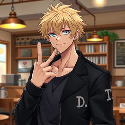 A tall male character with shaggy blonde hair and vibrant aqua blue eyes stands in a coffee shop, wearing a sleek black jacket with 'D