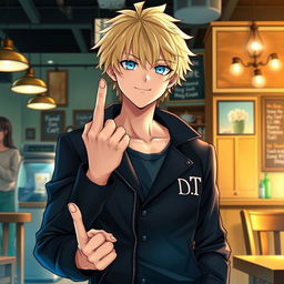A tall male character with shaggy blonde hair and vibrant aqua blue eyes stands in a coffee shop, wearing a sleek black jacket with 'D