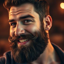A close-up portrait of a bearded man with a strong presence, showcasing a luscious, hairy beard