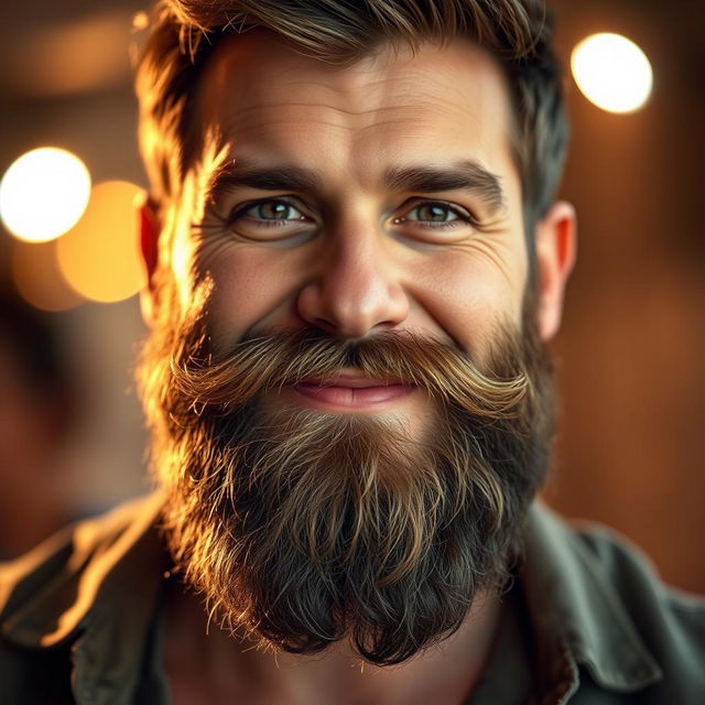 A close-up portrait of a bearded man with a strong presence, showcasing a luscious, hairy beard