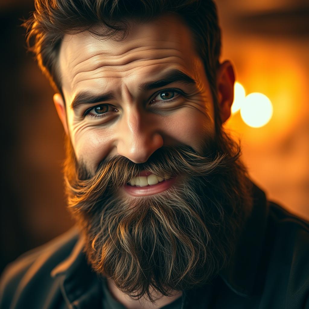 A close-up portrait of a bearded man with a strong presence, showcasing a luscious, hairy beard