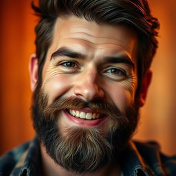 A close-up portrait of a bearded man with a strong presence, showcasing a luscious, hairy beard
