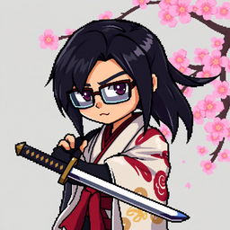 A character for a 2D pixel art video game, featuring a character with sleek black hair styled in a modern way