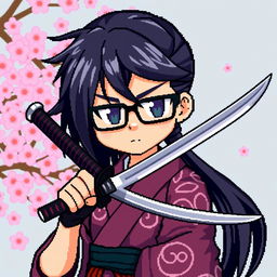 A character for a 2D pixel art video game, featuring a character with sleek black hair styled in a modern way