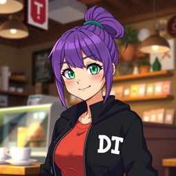 A tall female character with vibrant purple hair styled in a neat ponytail, showcasing striking emerald green eyes