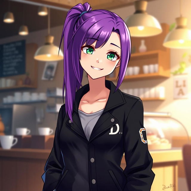 A tall female character with vibrant purple hair styled in a neat ponytail, showcasing striking emerald green eyes