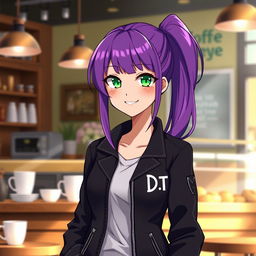A tall female character with vibrant purple hair styled in a neat ponytail, showcasing striking emerald green eyes