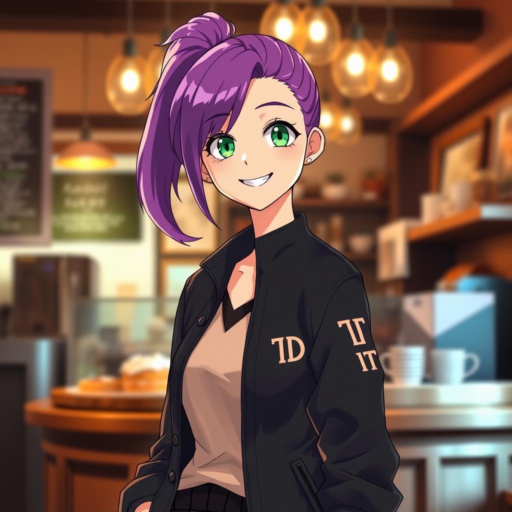 A tall female character with vibrant purple hair styled in a neat ponytail, showcasing striking emerald green eyes