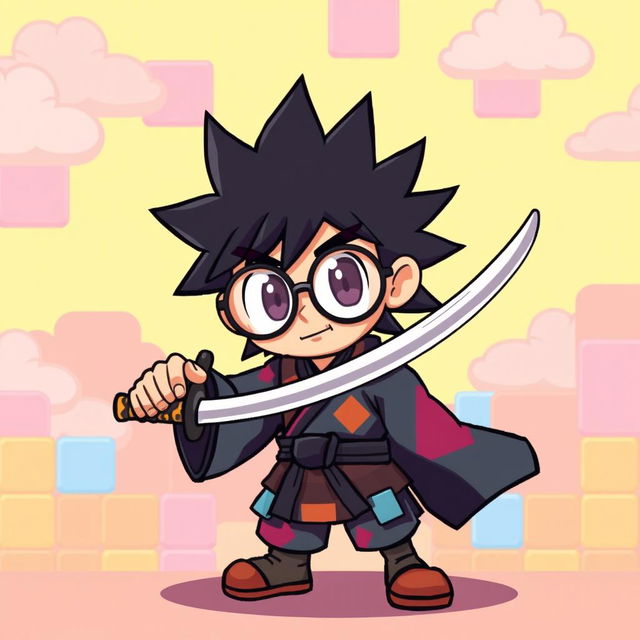 A character for a 2D pixel art video game inspired by the style of Super Mario, featuring a character with spiky black hair