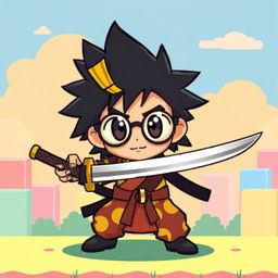 A character for a 2D pixel art video game inspired by the style of Super Mario, featuring a character with spiky black hair