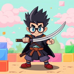 A character for a 2D pixel art video game inspired by the style of Super Mario, featuring a character with spiky black hair