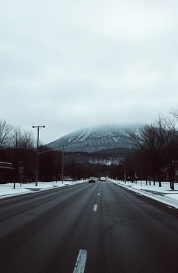 A gloomy winter landscape featuring dull, cold streets, with lifeless, naked trees lining a mountain