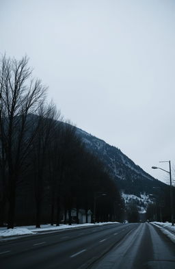 A gloomy winter landscape featuring dull, cold streets, with lifeless, naked trees lining a mountain
