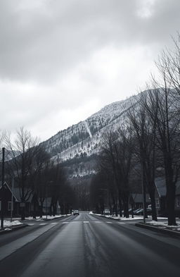 A gloomy winter landscape featuring dull, cold streets, with lifeless, naked trees lining a mountain