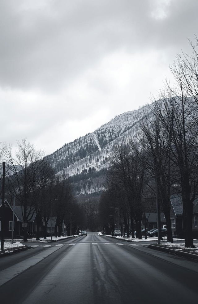 A gloomy winter landscape featuring dull, cold streets, with lifeless, naked trees lining a mountain